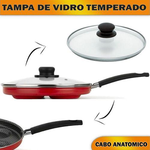 Imagem de Frigideira Antiaderente Para 4 Ovos e Hamburguer Com Tampa de Vidro 26cm Gourmet Multiflon Vermelha