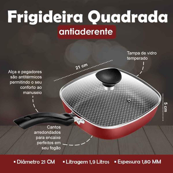 Imagem de Frigideira Antiaderente Quadrada Clear Coat Vermelha Funda n 21 Com Tampa De Vidro Patolux