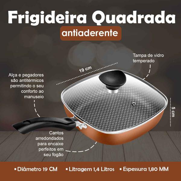 Imagem de Frigideira Antiaderente Quadrada Funda Número 19 Cobre Clear Coat Com Tampa De Vidro Patolux