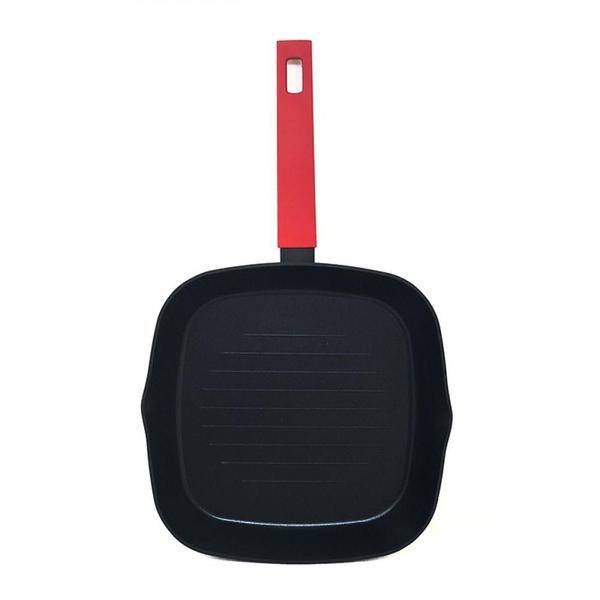 Imagem de Frigideira Antiaderente Quadrada Grelhador Grill Preto Alumínio Alta Resistência Grelhar Fritar Panela Cozinha Cabo Vermelho Betty Crocker 26cm 