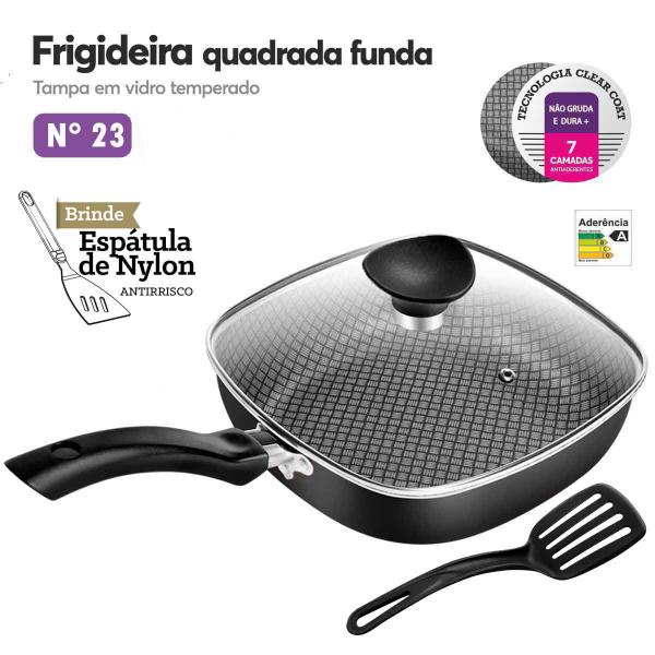 Imagem de Frigideira Antiaderente Quadrada Preto Funda Número 23 Tampa De Vidro Patolux