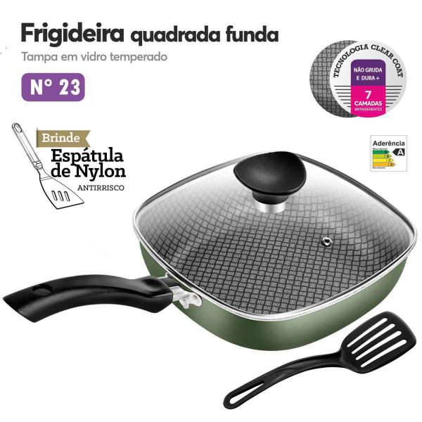 Imagem de Frigideira Antiaderente Quadrada Verde Clear Coat Funda Número 23 Tampa De Vidro Patolux