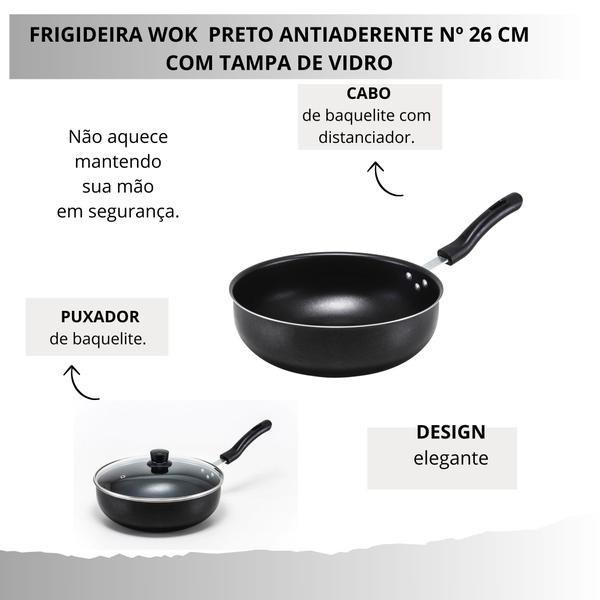 Imagem de Frigideira Antiaderente Wok Preto Teflon 26 cm Tampa de Vidro