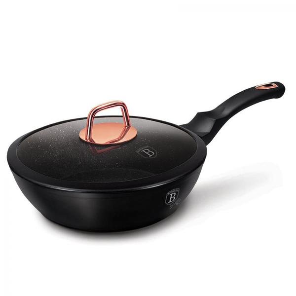 Imagem de Frigideira c/ Tampa Antiaderente 24cm 2,3L Black Rose Gold Berlinger Haus Cozinha Turbo-Indução Cabo Silicone Panela Wok Paella Grelhador 