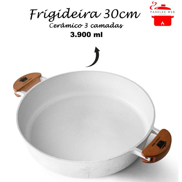 Frigideira Cerâmica Branca Antiaderente 30cm 3,9L Branco Tampa De Vidro - Veneza Imagem de Frigideira Cerâmica Branca Antiaderente 30cm 3,9L Branco Tampa De Vidro