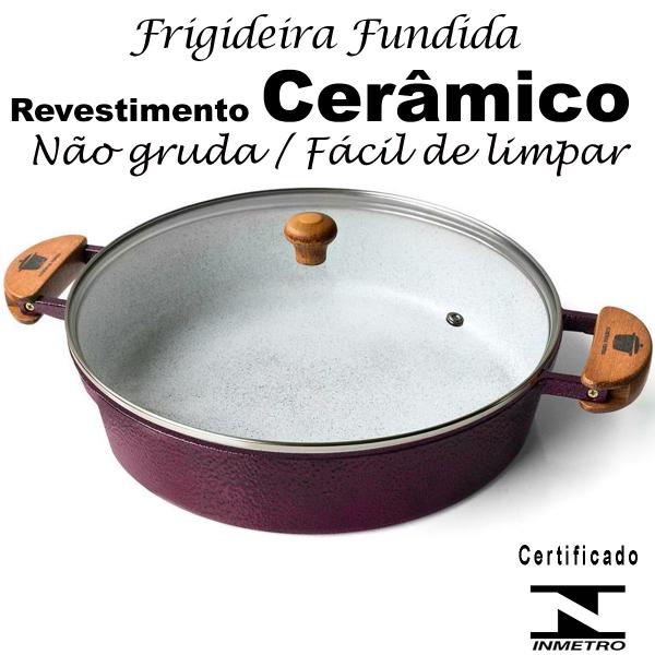 Imagem de Frigideira Cerâmica Branca Antiaderente 30cm 3,9L Cereja Tampa De Vidro