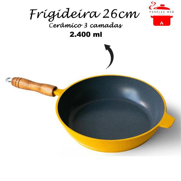 Imagem de Frigideira Cerâmica Cinza Antiaderente 26cm 2,4L Amarelo Tampa De Vidro