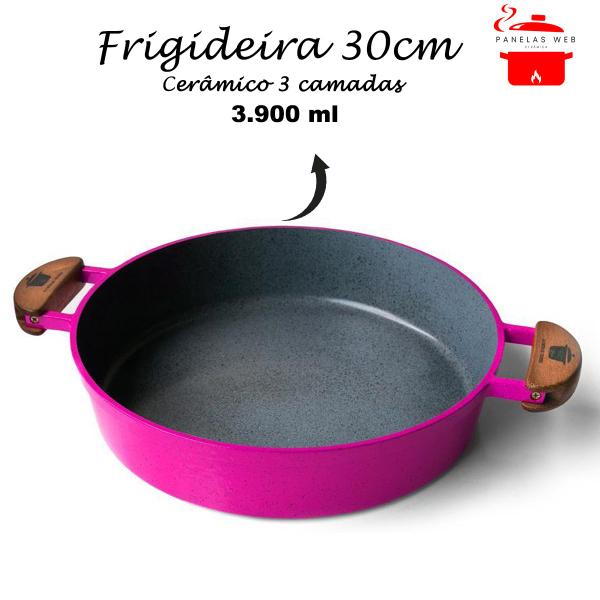 Imagem de Frigideira Cerâmica Cinza Antiaderente 30cm 3,9L Rosa Tampa De Vidro