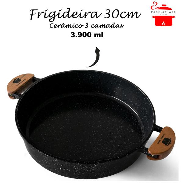 Frigideira Cerâmica Preta Antiaderente 30cm 3,9L Preto Tampa De Vidro - Veneza Imagem de Frigideira Cerâmica Preta Antiaderente 30cm 3,9L Preto Tampa De Vidro