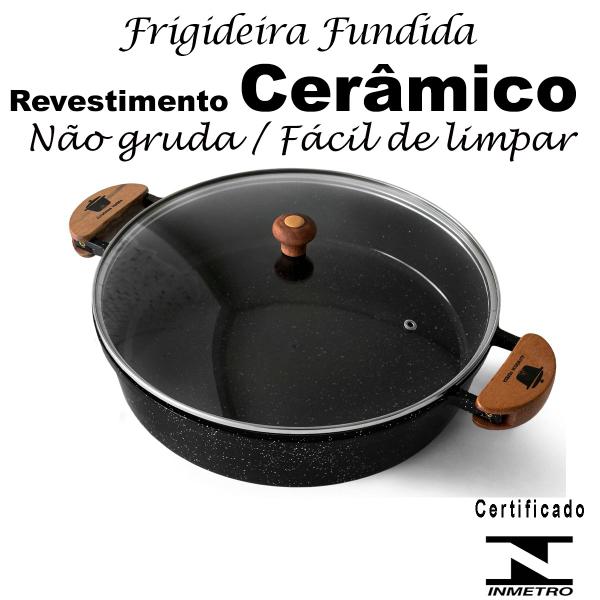 Frigideira Cerâmica Preta Antiaderente 30cm 3,9L Preto Tampa De Vidro - Veneza Imagem de Frigideira Cerâmica Preta Antiaderente 30cm 3,9L Preto Tampa De Vidro