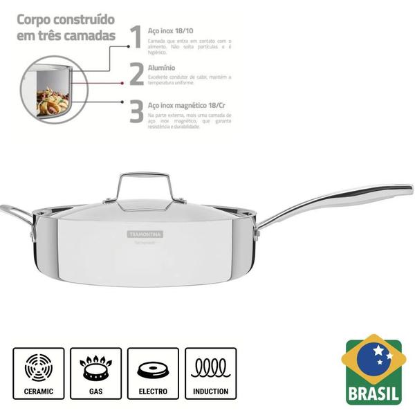Frigideira com Tampa Tramontina Aço Inox Cooktop Fogão Indução Corpo Triplo 30cm 5,6 Litros Grano Imagem de Frigideira com Tampa Tramontina Aço Inox Cooktop Fogão Indução Corpo Triplo 30cm 5,6 Litros Grano