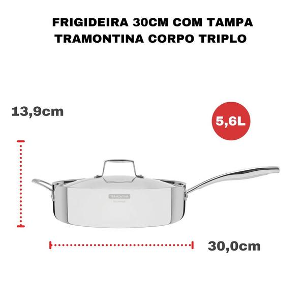 Frigideira com Tampa Tramontina Aço Inox Cooktop Fogão Indução Corpo Triplo 30cm 5,6 Litros Grano Imagem de Frigideira com Tampa Tramontina Aço Inox Cooktop Fogão Indução Corpo Triplo 30cm 5,6 Litros Grano