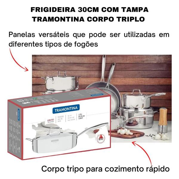 Frigideira com Tampa Tramontina Aço Inox Cooktop Fogão Indução Corpo Triplo 30cm 5,6 Litros Grano Imagem de Frigideira com Tampa Tramontina Aço Inox Cooktop Fogão Indução Corpo Triplo 30cm 5,6 Litros Grano