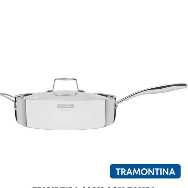 Frigideira com Tampa Tramontina Aço Inox Cooktop Fogão Indução Corpo Triplo 30cm 5,6 Litros Grano Imagem de Frigideira com Tampa Tramontina Aço Inox Cooktop Fogão Indução Corpo Triplo 30cm 5,6 Litros Grano