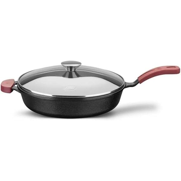 Imagem de Frigideira de Ferro Fundido Fogão Indução Com Tampa de Vidro Forno Fogão 28cm Diâmetro 3,1L Cabo de Silicone MTA