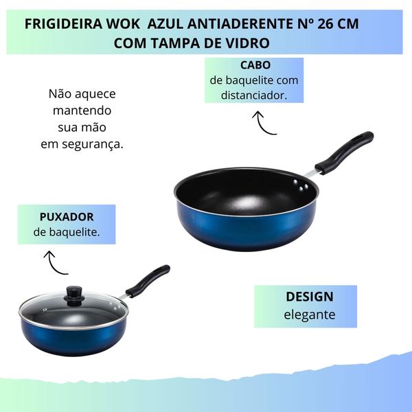 Imagem de Frigideira  Funda Antiaderente Wok Azul Teflon 26 cm Tampa de Vidro