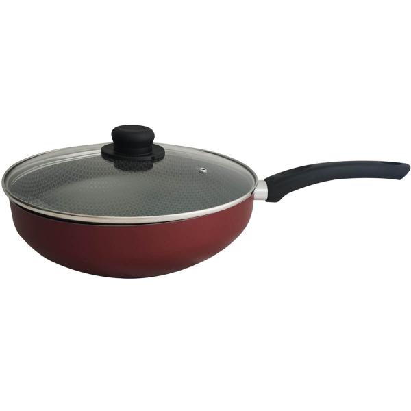 Frigideira Grande Com Tampa Antiaderente Multiflon Wok 28 Gourmet Vermelha Imagem de Frigideira Grande Com Tampa Antiaderente Multiflon Wok 28 Gourmet Vermelha