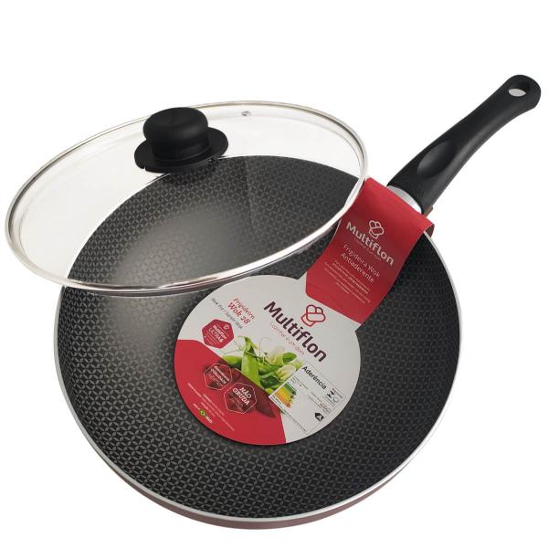 Imagem de Frigideira Grande Com Tampa Antiaderente Multiflon Wok 28cm Gourmet Vermelha