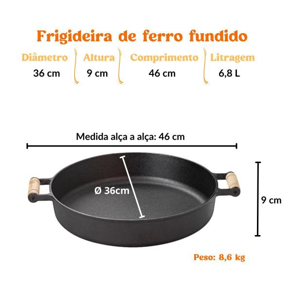 Imagem de Frigideira Grande Sem Tampa Alça madeira 36 Cm Ferro Fundido