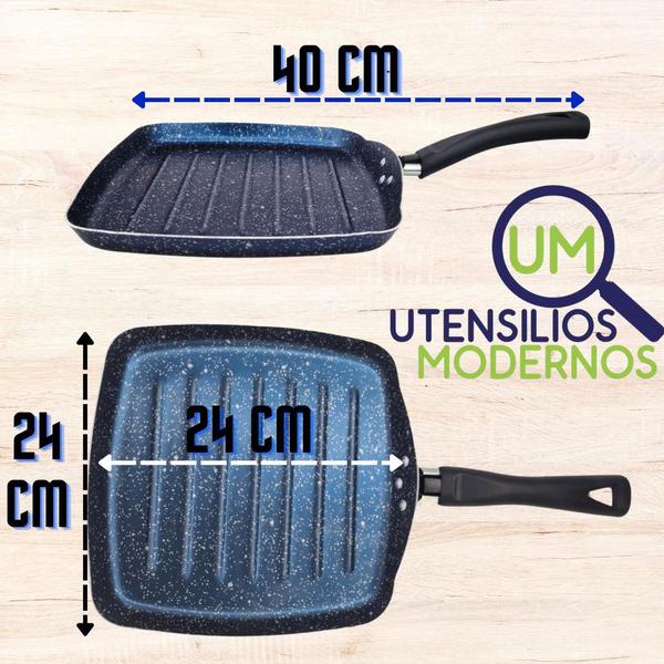 Imagem de Frigideira Grill Antiaderente 24 cm   Panquequeira Antiaderente n22   Frigideira Reta 20 cm Azul   Espátula