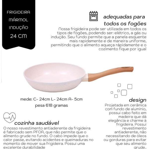 Imagem de Frigideira Indução Mimo Style Linha Cook Revestida em Cerâmica Marmol Vanilla 24cm + Kit Colheres de Bambu