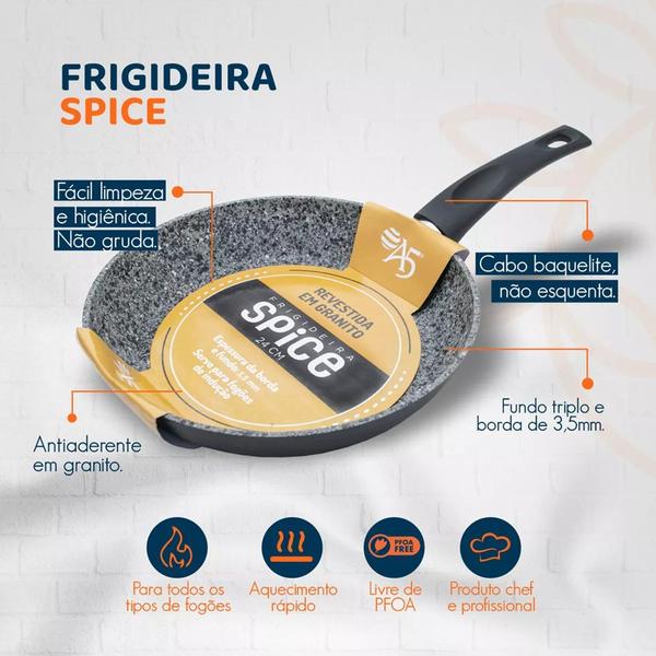 Imagem de Frigideira Luxo Revestimento Granito Antiaderente Com Indução Sem Tampa Preto Fosco Spice 24cm ou 28cm A5 Importadora - Lulay Sore