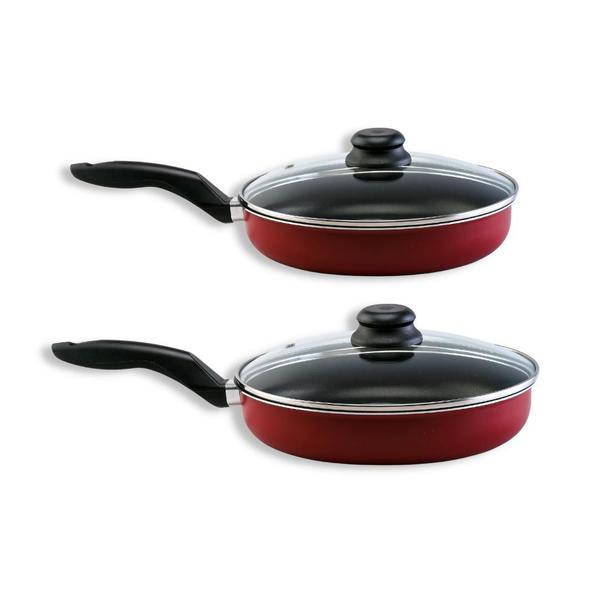 Frigideira Magnífica com Tampa de Vidro com 2 peças Alumi-Aço Linha Premium J4TECH Alumínio Antiaderente Teflon Ultra Resistente Na Cor Vermelha Imagem de Frigideira Magnífica com Tampa de Vidro com 2 peças Alumi-Aço Linha Premium J4TECH Alumínio Antiaderente Teflon Ultra Resistente Na Cor Vermelha