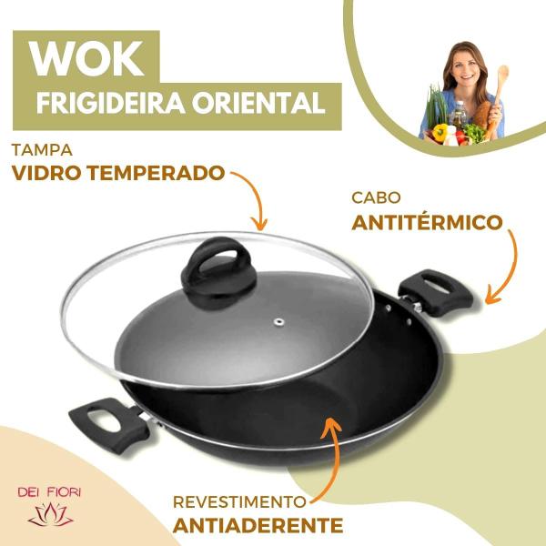 Imagem de Frigideira Panela Wok Oriental Antiaderente Tampa Vidro 29Cm Não Gruda Funda Grande Japonesa Chinesa