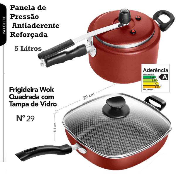 Imagem de Frigideira Quadrado Antiaderente Gourmet n29 + Panela De Pressão 5,0L Vermelho Patolux