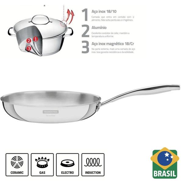 Imagem de Frigideira Tramontina Aço Inox Cooktop Fogão Indução Corpo Triplo 30cm 3,3 Litros Grano