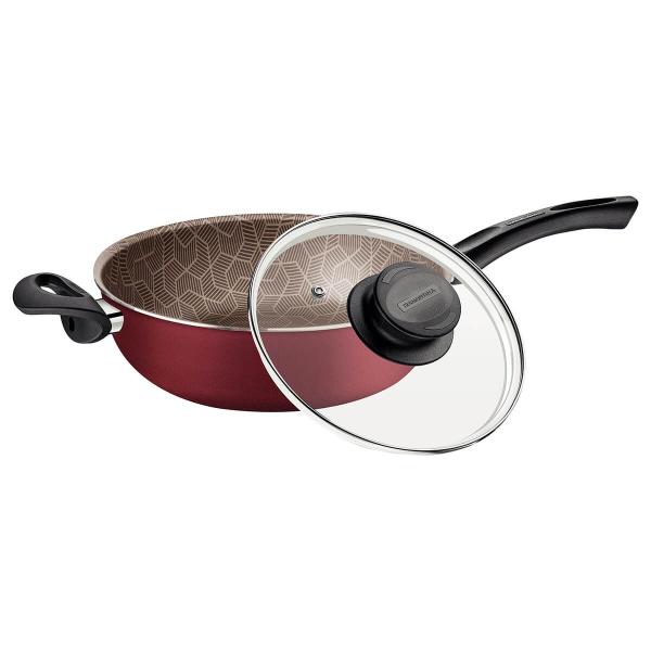 Imagem de Frigideira Wok Antiaderente de Starflon com Tampa de Vidro 24cm Tramontina Paris 2,8l Vermelho