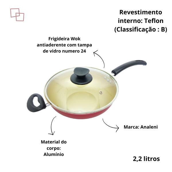 Imagem de Frigideira Wok Antiaderente de Teflon com Tampa de Vidro 2,2 Litros Grande e Multifuncional