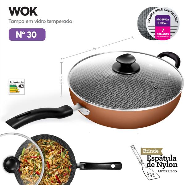 Imagem de Frigideira Wok Antiaderente Nº 30 Cobre Masterflon Com Tampa Vidro Patolux