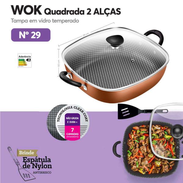 Frigideira Wok Antiaderente Quadrada 2 Alças N29 Clear Coat Cobre Com Tampa De Vidro Patolux Imagem de Frigideira Wok Antiaderente Quadrada 2 Alças N29 Clear Coat Cobre Com Tampa De Vidro Patolux