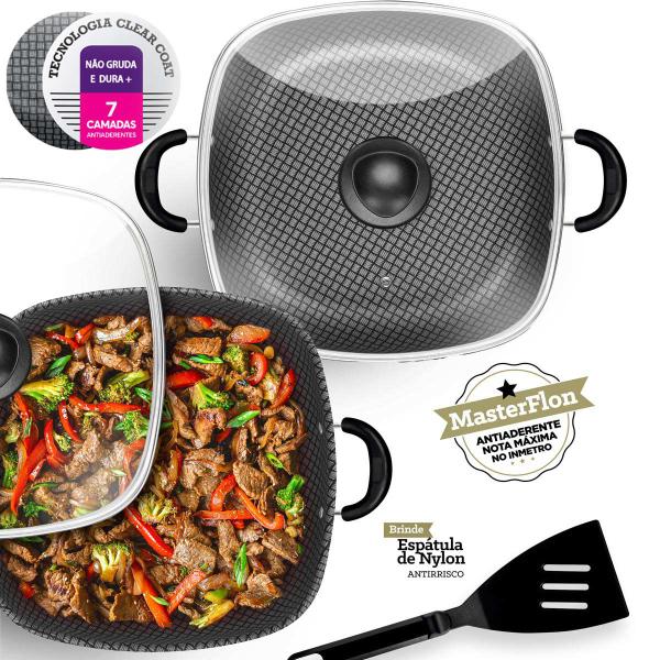 Frigideira Wok Antiaderente Quadrada 2 Alças N29 Clear Coat Cobre Com Tampa De Vidro Patolux Imagem de Frigideira Wok Antiaderente Quadrada 2 Alças N29 Clear Coat Cobre Com Tampa De Vidro Patolux
