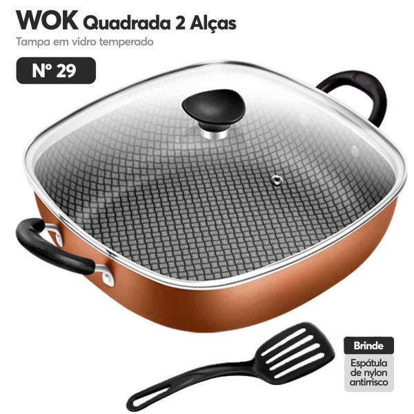 Frigideira Wok Antiaderente Quadrada 2 Alças N29 Clear Coat Cobre Com Tampa De Vidro Patolux Imagem de Frigideira Wok Antiaderente Quadrada 2 Alças N29 Clear Coat Cobre Com Tampa De Vidro Patolux