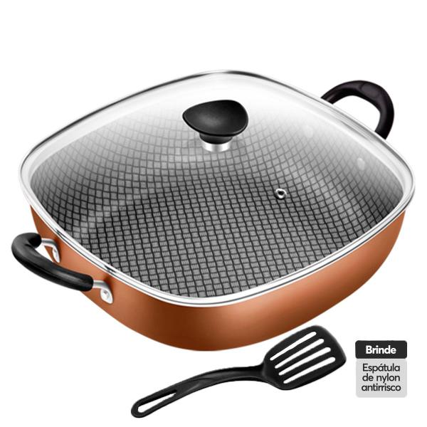 Frigideira Wok Antiaderente Quadrada 2 Alças N29 Clear Coat Cobre Com Tampa De Vidro Patolux Imagem de Frigideira Wok Antiaderente Quadrada 2 Alças N29 Clear Coat Cobre Com Tampa De Vidro Patolux