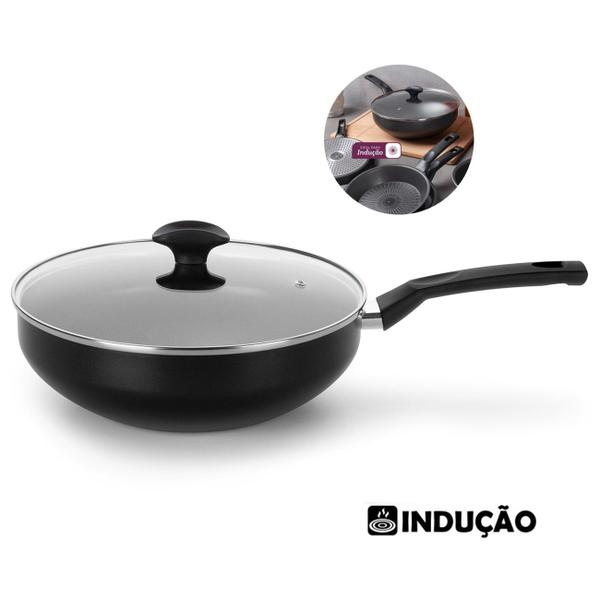 Imagem de Frigideira Wok Fogão Indução Alumínio Antiaderente Ø28cm Tampa Vidro Cabo Baquelite Cozinha - 44228 Multiflon