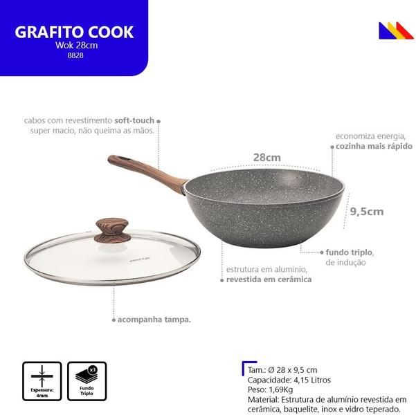 Imagem de Frigideira Wok Funda 28cm Antiaderente Cerâmica Fundo Indução Premium