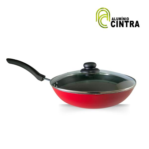 Imagem de Frigideira wok funda grande teflon antiaderente paella yakisoba n30cm - com tampa de vidro