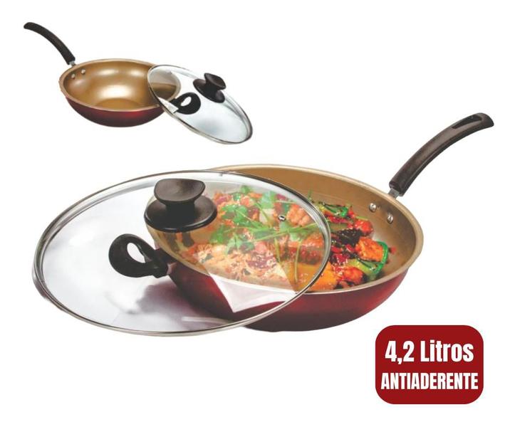 Imagem de Frigideira Wok  Grande Funda Panela de Aluminio Com Tampa de Vidro Antiaderente 30 cm 4,2 Litros