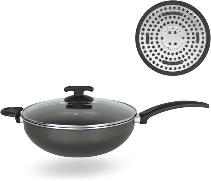 Frigideira Wok Para Fogão de Indução Antiaderente Tampa de Vidro - Dona Chefa Imagem de Frigideira Wok Para Fogão de Indução Antiaderente Tampa de Vidro