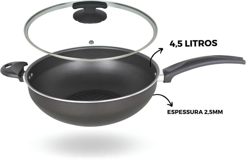Frigideira Wok Para Fogão de Indução Antiaderente Tampa de Vidro - Dona Chefa Imagem de Frigideira Wok Para Fogão de Indução Antiaderente Tampa de Vidro