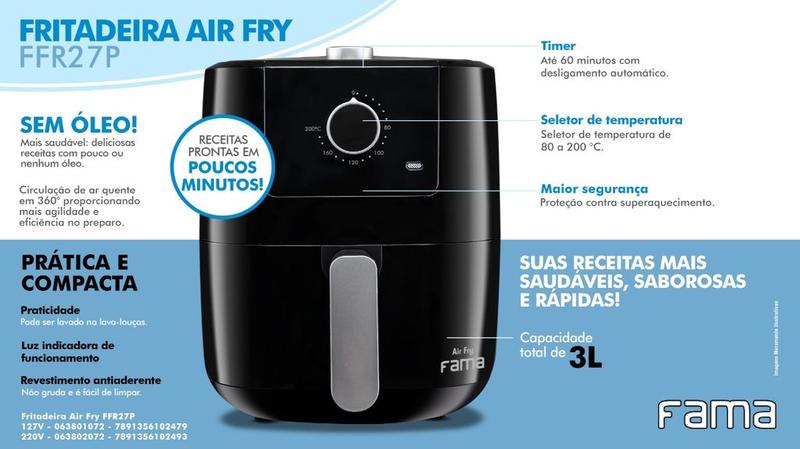 Imagem de Fritadeira air fry britânia ffr27p fama 3litros 1300w preto - 127v