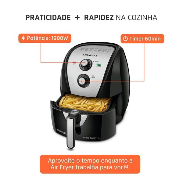 Imagem de Fritadeira Elétrica Air Fryer Mondial Pratic AFN-60-BI 6L Preta/Inox - 220V