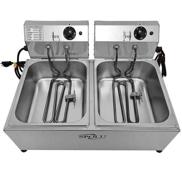 Imagem de Fritadeira Elétrica Industrial Profissional 2 Cubas Inox 6 Litros com Cesto Cromado e Tampa 3000W de Potência - SPL-571/573