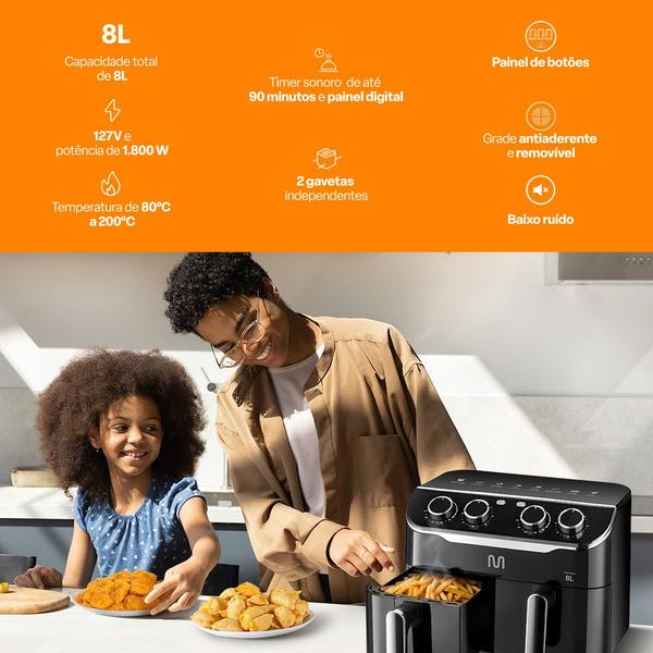 Imagem de Fritadeira Elétrica sem Óleo Air Fryer 8L Preta c/ 2 Gavetas 1800w 127v Multi - GO233