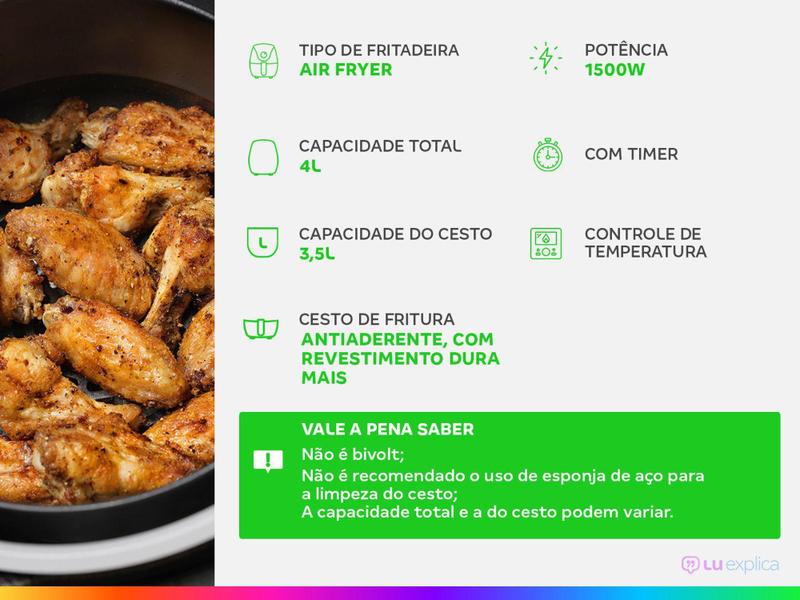 Imagem de Fritadeira Elétrica sem Óleo/Air Fryer Britânia - BFR25P Preta 3,5L com Timer