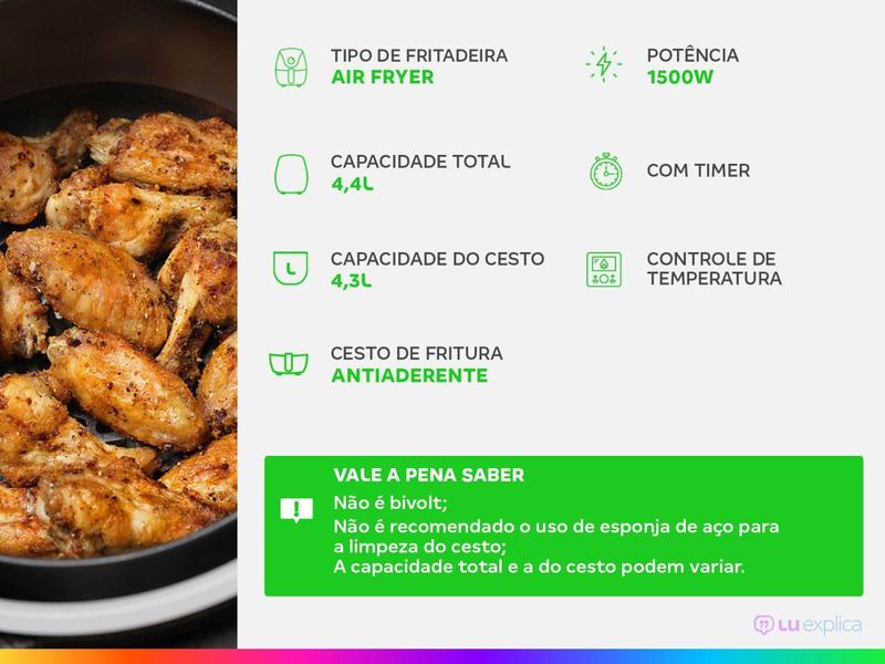 Imagem de Fritadeira Elétrica sem óleo/Air Fryer Philco  - PFR15PG Preto 4,3L com Timer