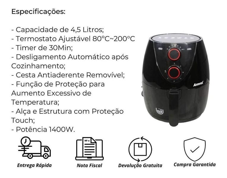 Imagem de Fritadeira Elétrica Sem Óleo Amvox Air Fryer 4,5 Litros Voltagem 110v 220v